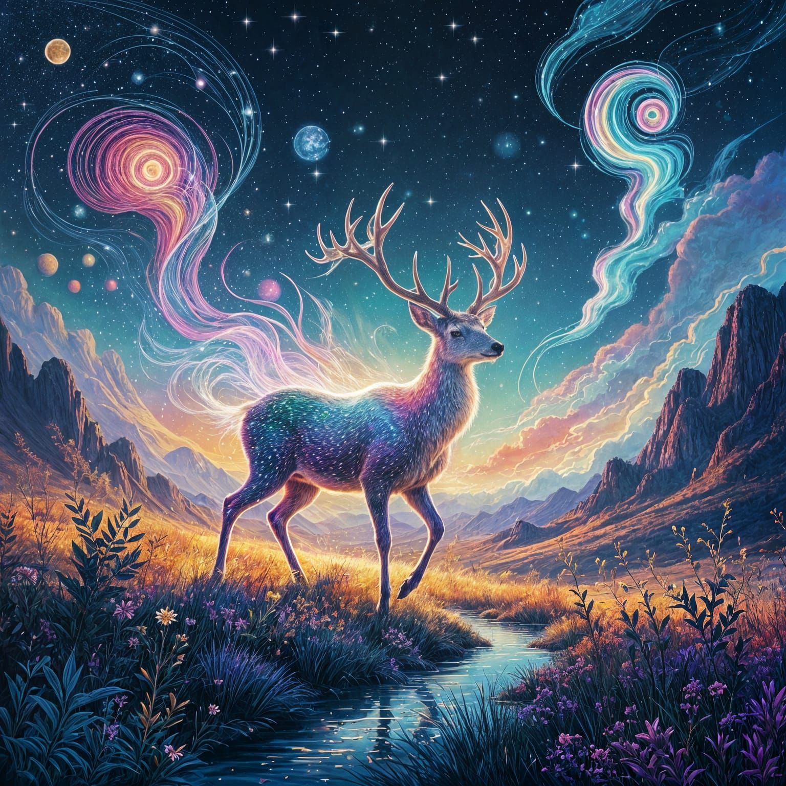 Stardust Deer Wandering Through a Dreamlike Landscape