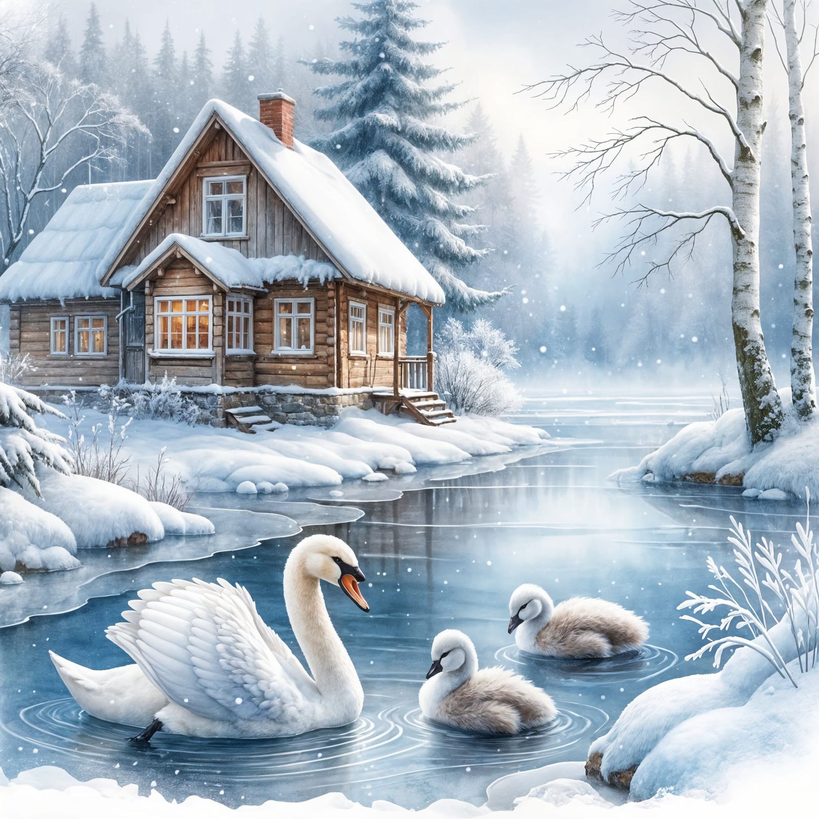 Mother Swan and Cygnets on Frozen Pond: Watercolor Art