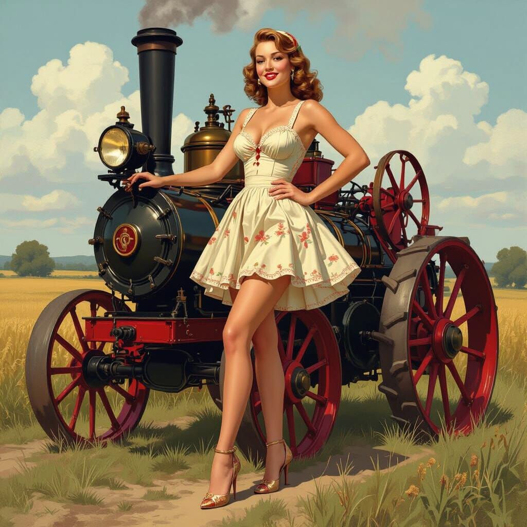 Pinup Girl on Steam Engine in Classic Style