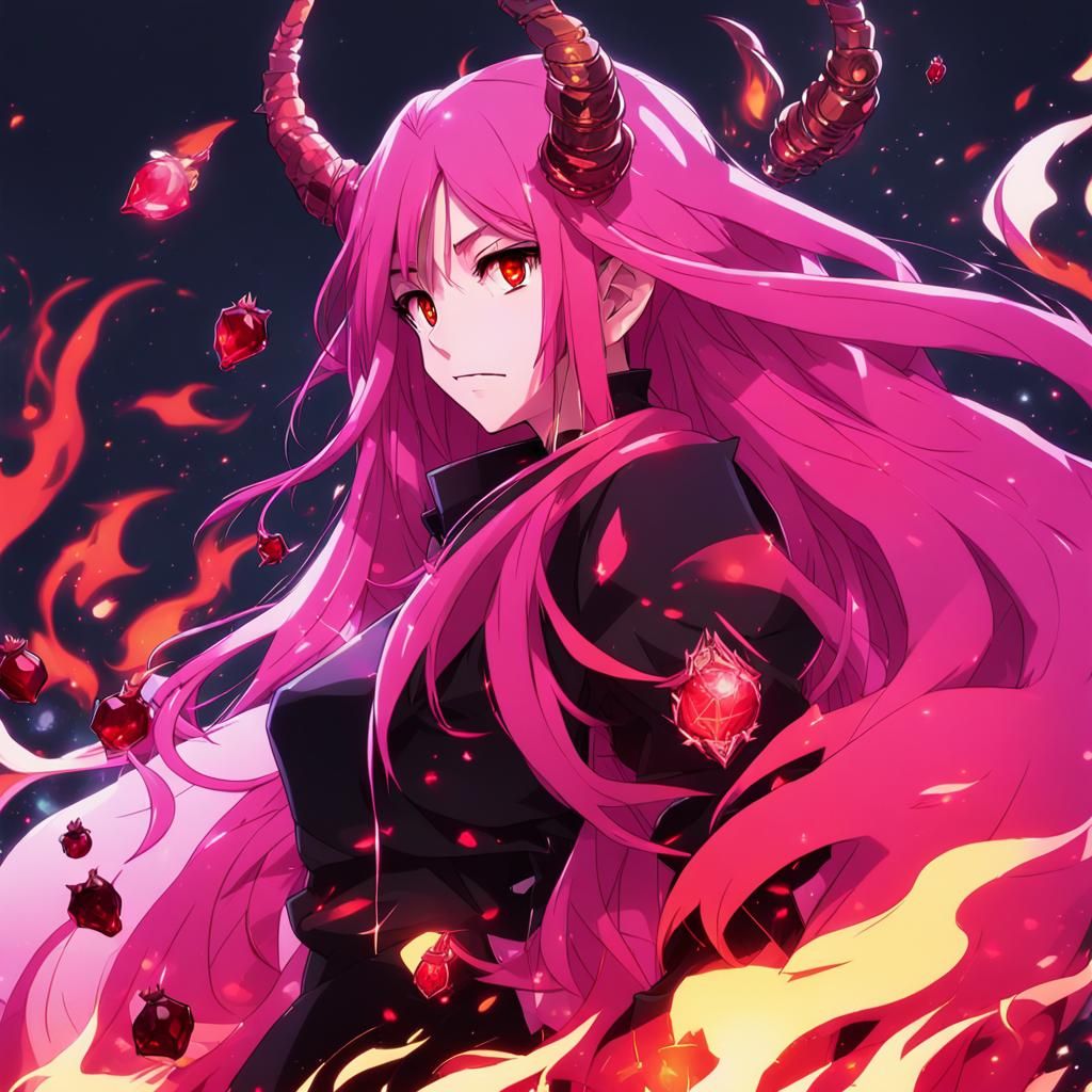 Fiery Anime Portrait of a Demonic Woman in Hot Pink