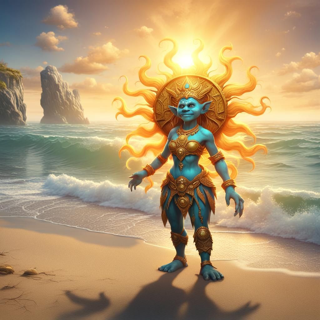 Sun Goddess Troll on Beach, Detailed Matte Painting