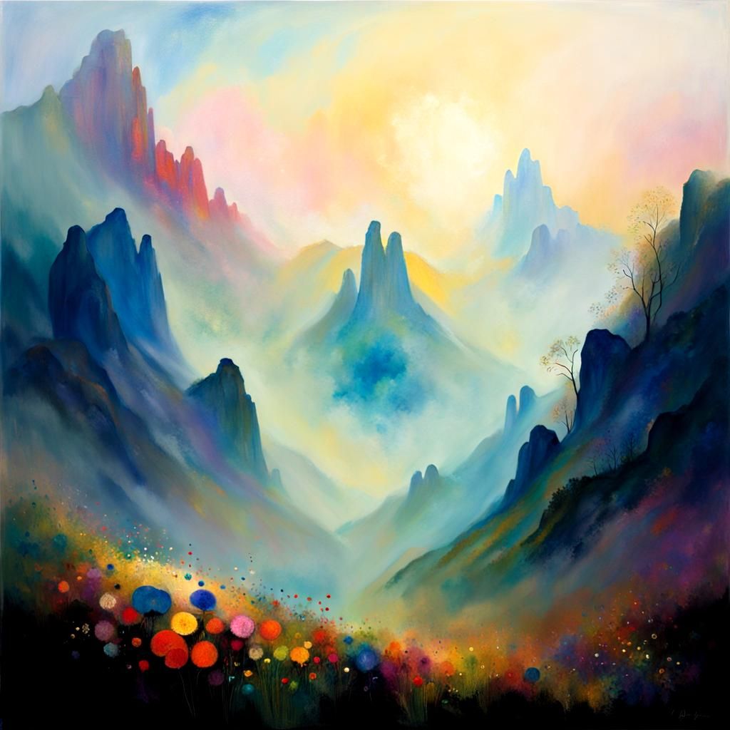 Ethereal Mountain Range in Dreamy Symbolist Style
