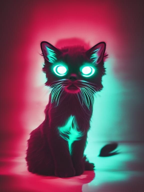 Angry Bioluminescent Cat with Red Silhouette