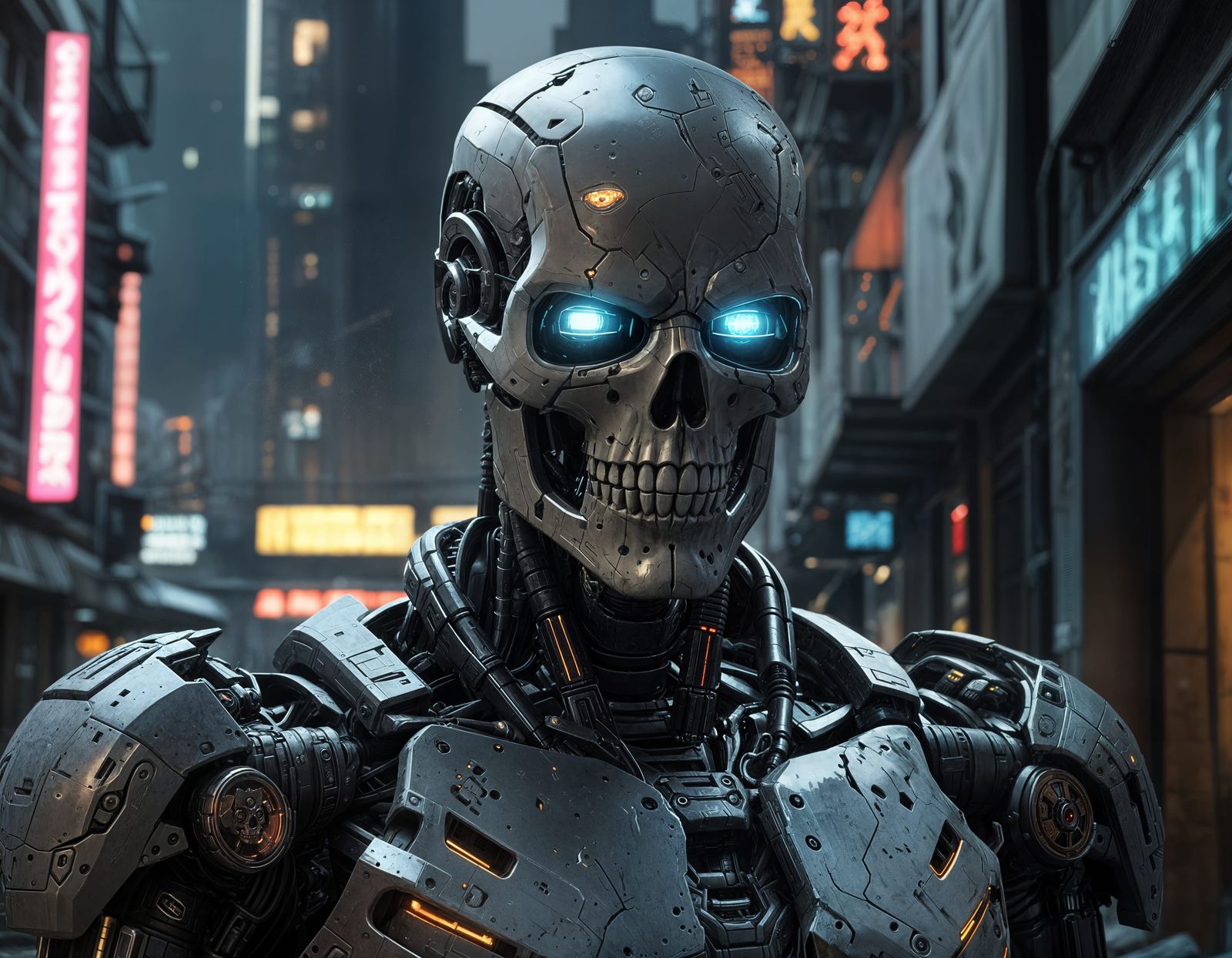 Cyberpunk Skull Robot in Ruined City