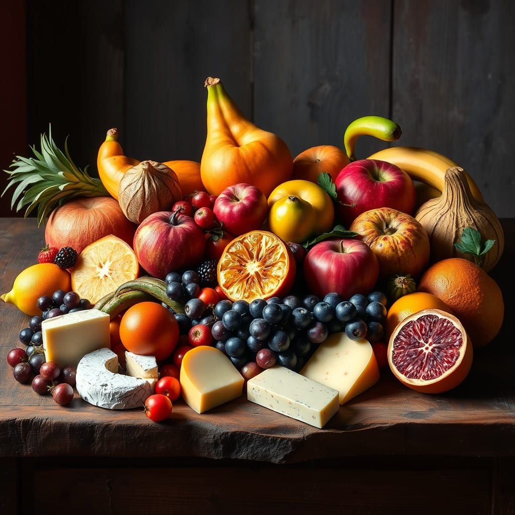 Vibrant Exotic Fruit and Cheese Still Life with Bold Color B...