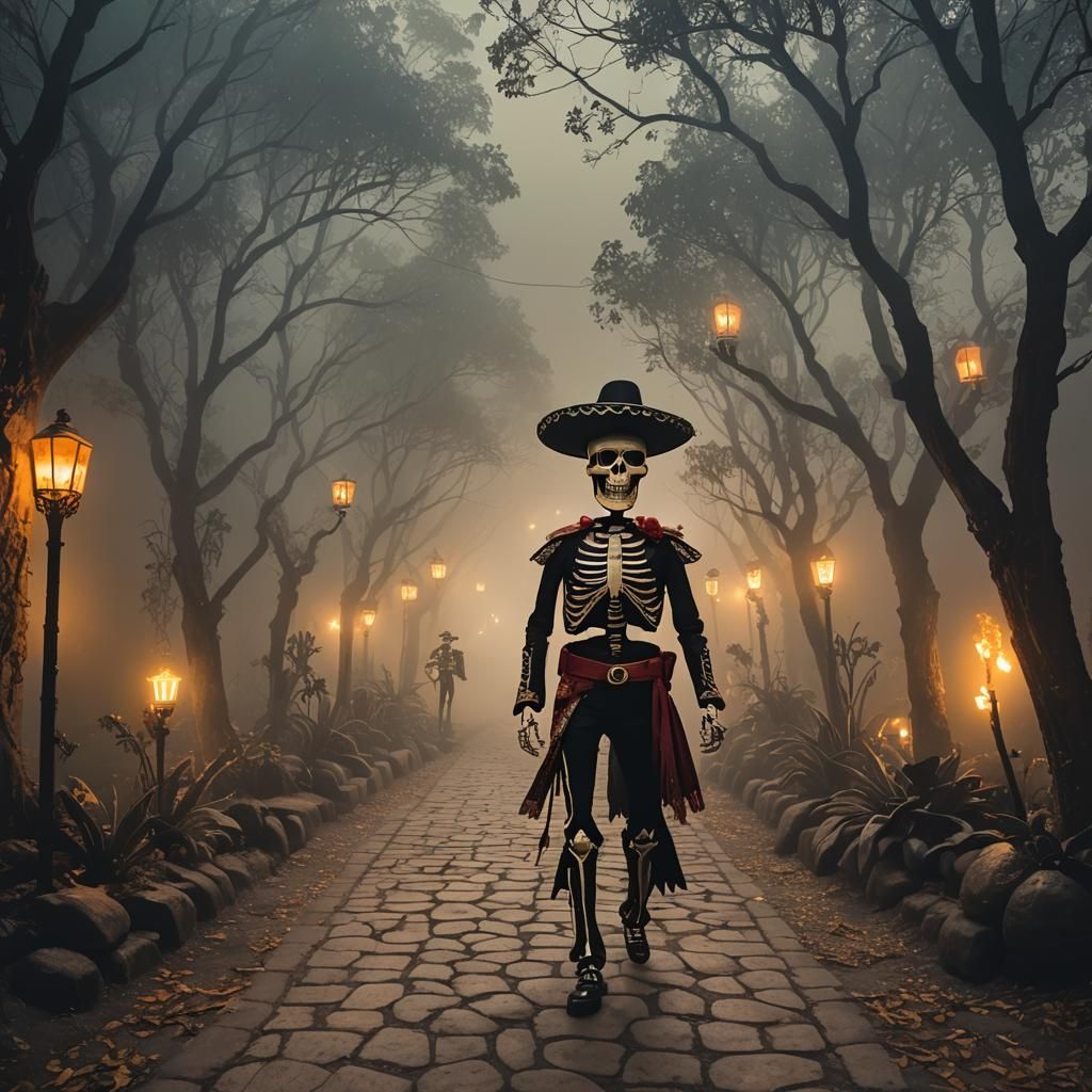 Glowing Mariachi Skeletons on Misty Pathway
