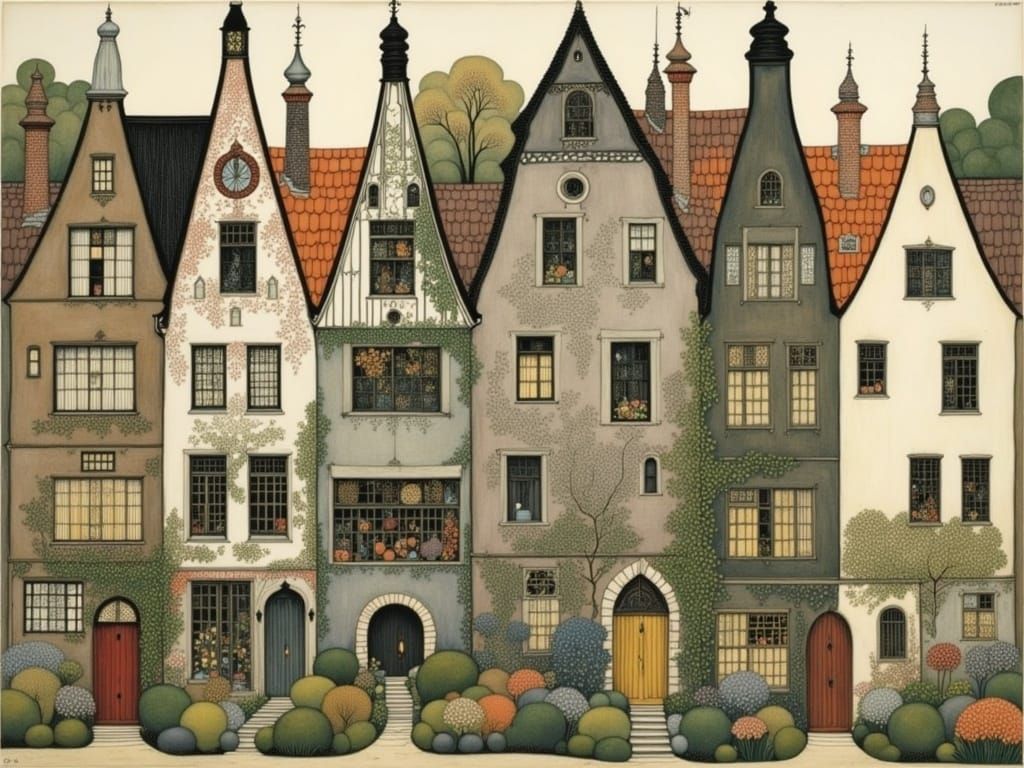 Whimsical Row of Dutch Houses in Warm Evening Light