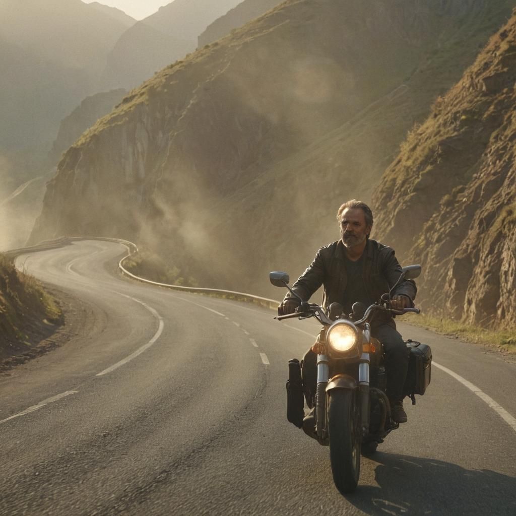 Motorbike Rider on Mountain Road in Cinematic Style