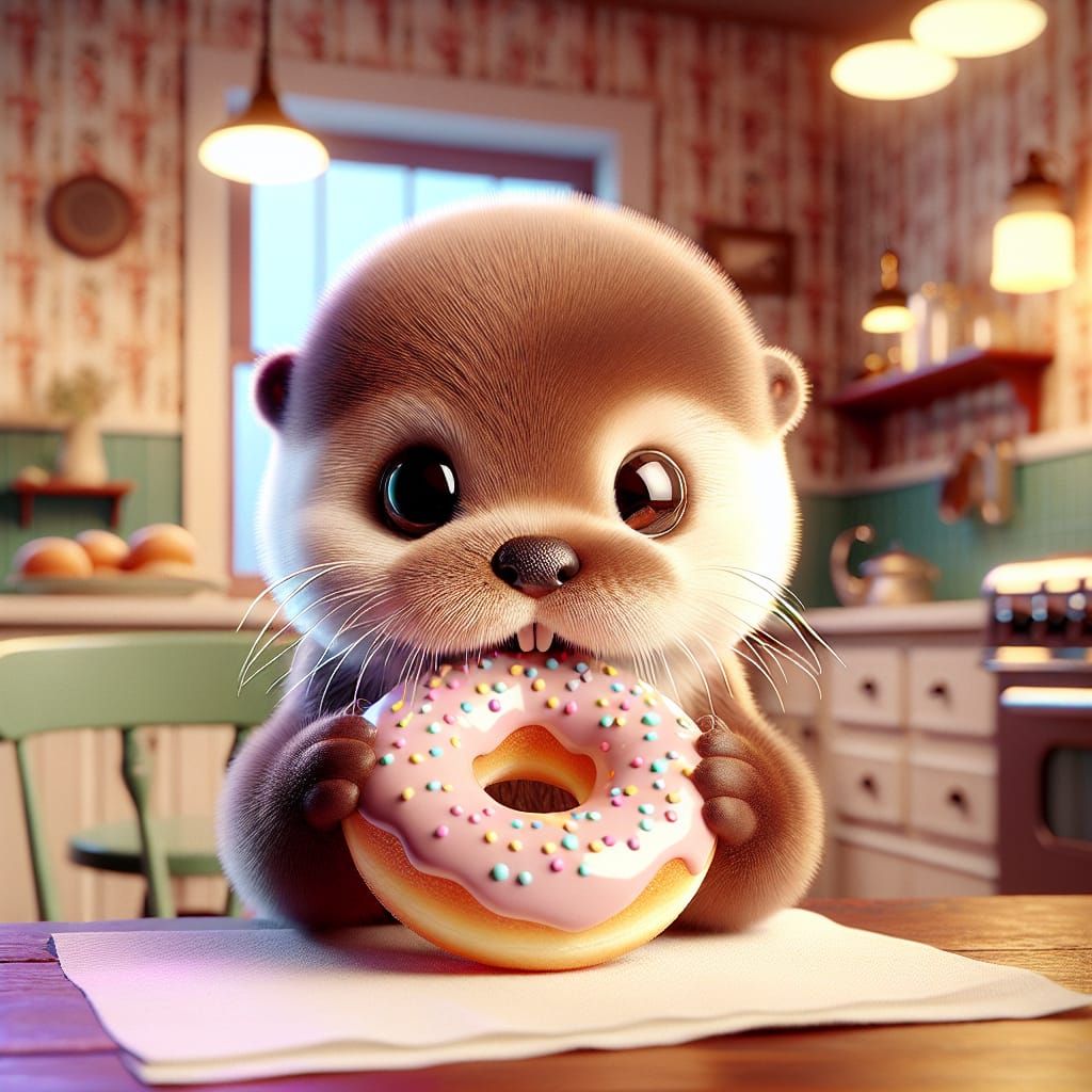 Chibi Otter Enjoys Donut in 1950s Kitchen