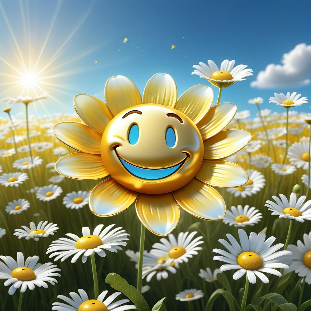 Golden Flower Emoticon in a Daisy Meadow
