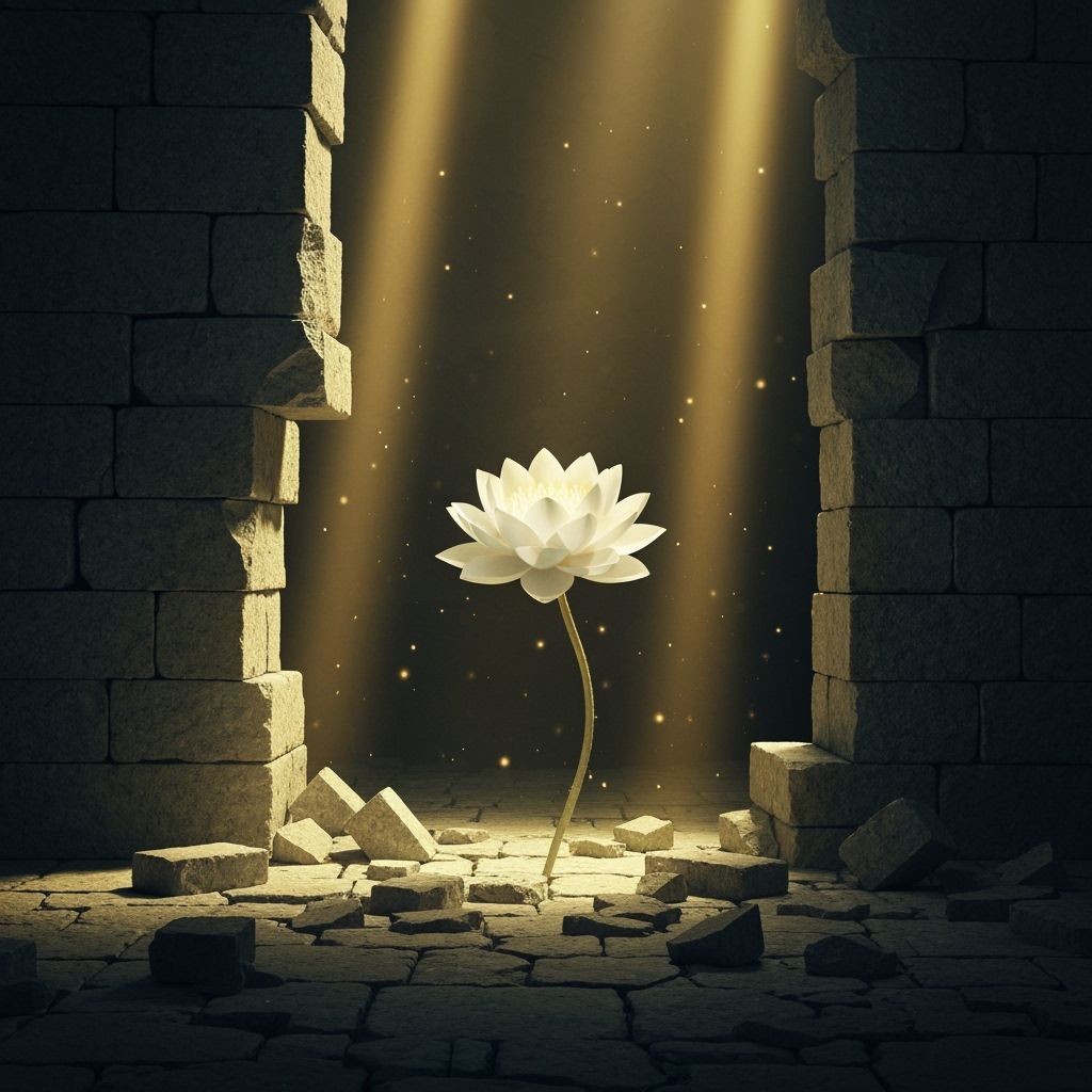 Glowing Lotus Rises from Ruins in Surrealist Style
