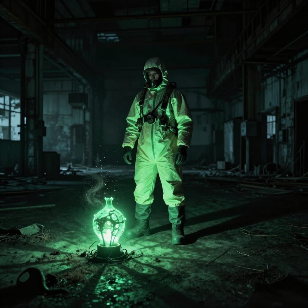 Man in Hazmat Suit in Eerie Industrial Complex