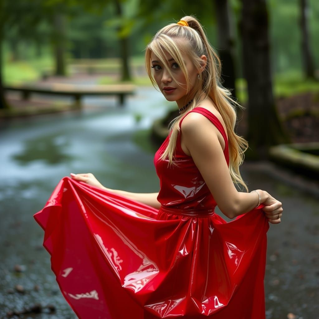 Blonde Woman in Red Vinyl Dress in Rainy Forest