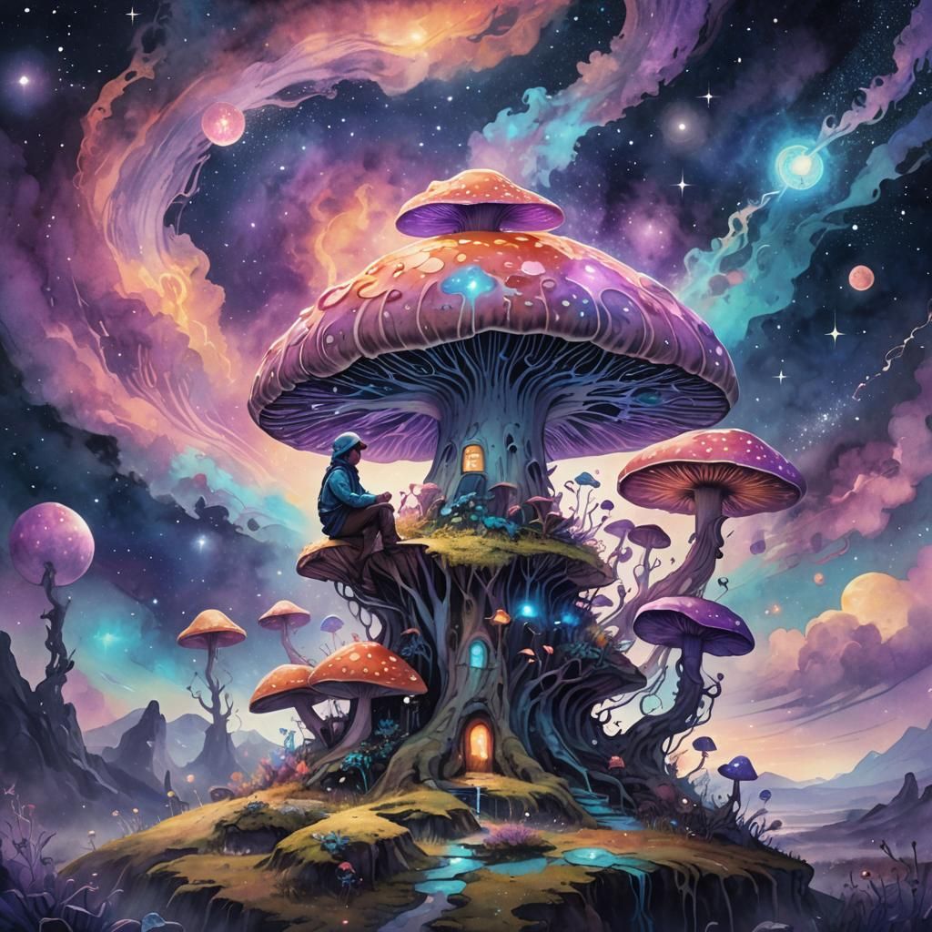 Dreamlike Astral Landscape with Giant Mushroom