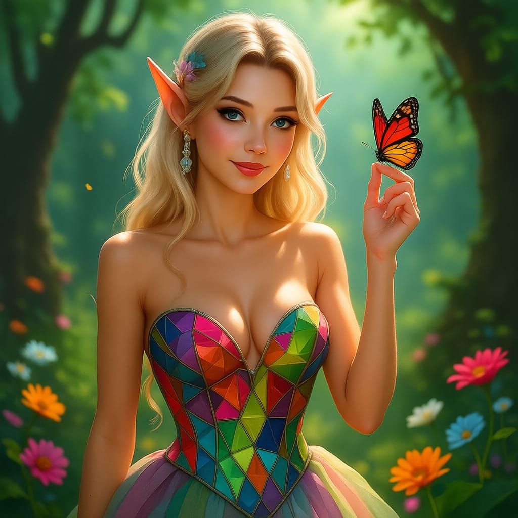 Elf in Glass Dress with Butterfly in Enchanting Forest
