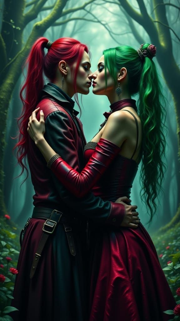 Vampire Harley Quinn and Poison Ivy Embrace