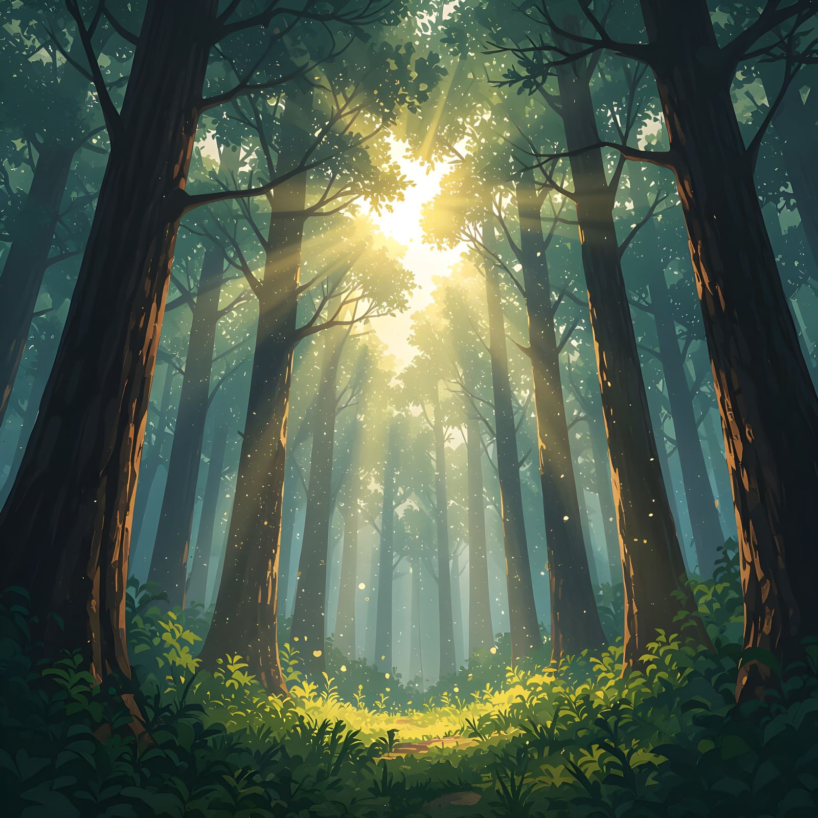 Sunbeam Illuminates Misty Pine Forest Canopy