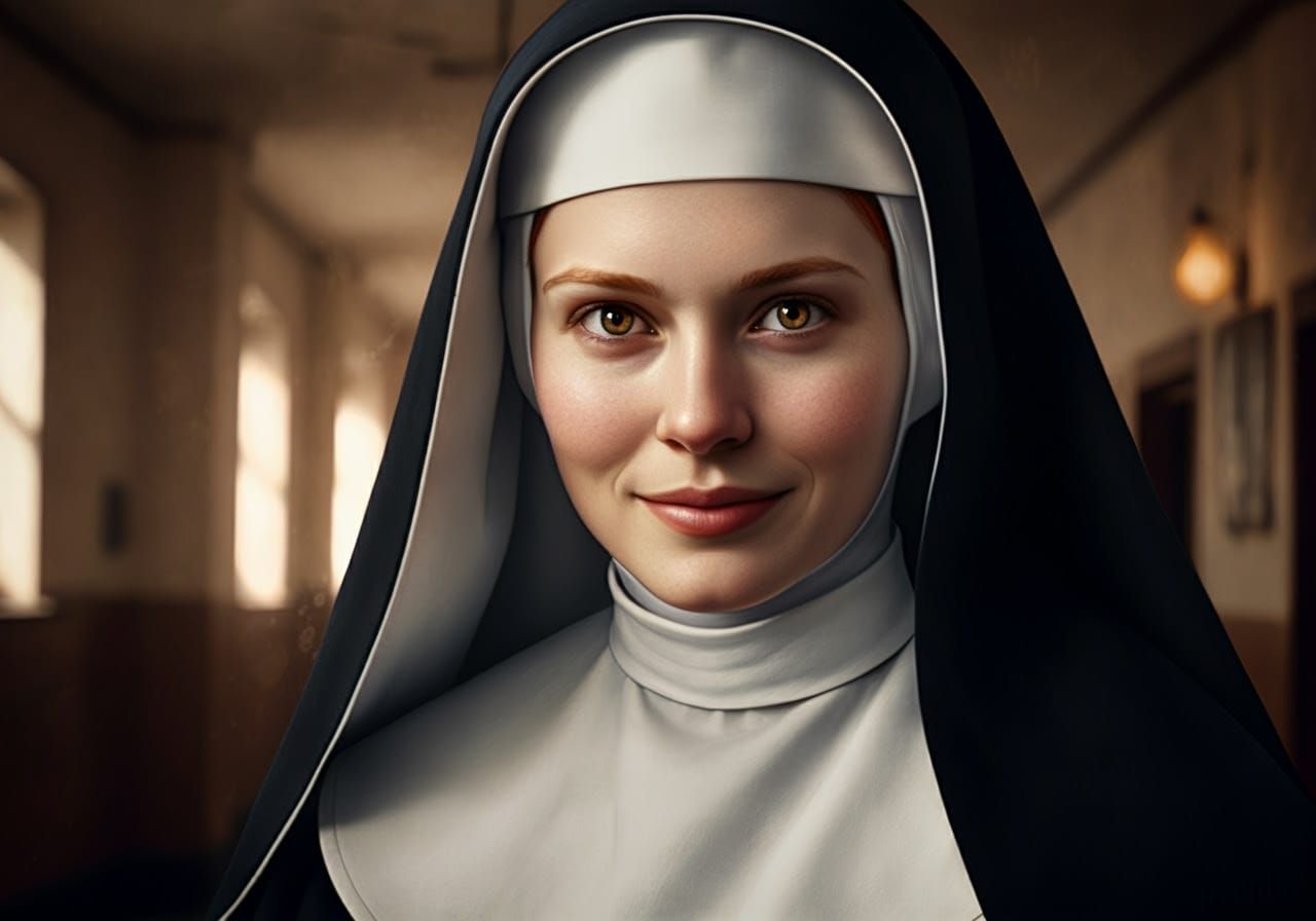 Stunning Portrait of a Young Catholic Nun in a Vintage Schoo...