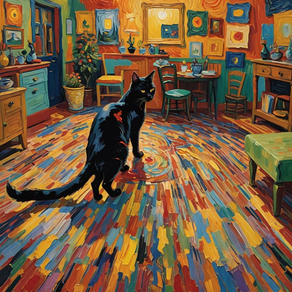 Black Cat in Colorful Room: Impressionist Painting