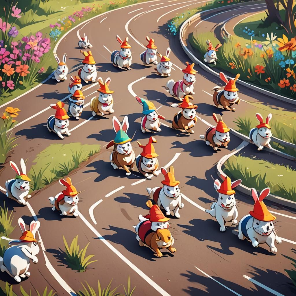 Cartoon Rabbits Race in Children's Book Illustration Style