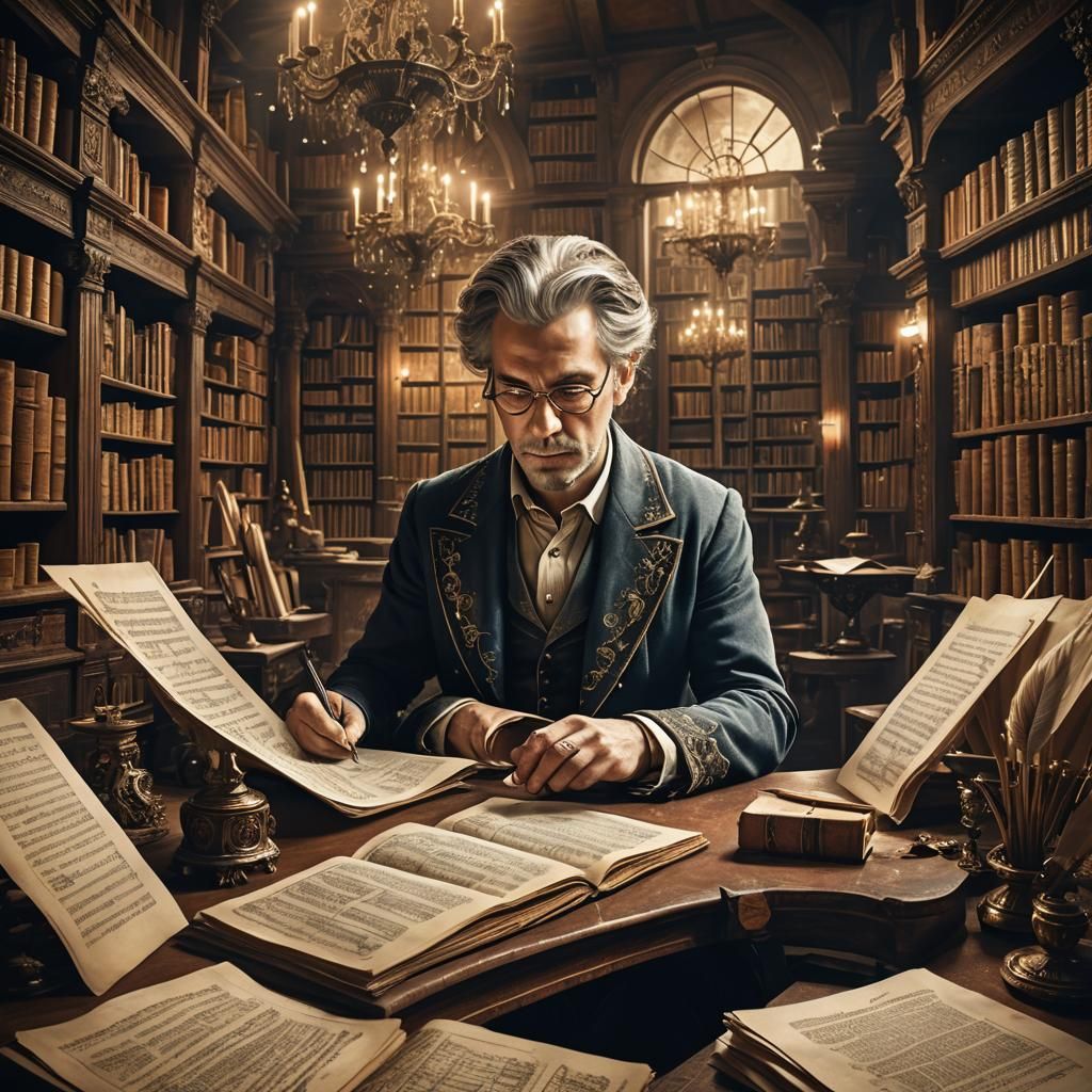 Mystical Library: Composer at Antique Desk in Digital Art