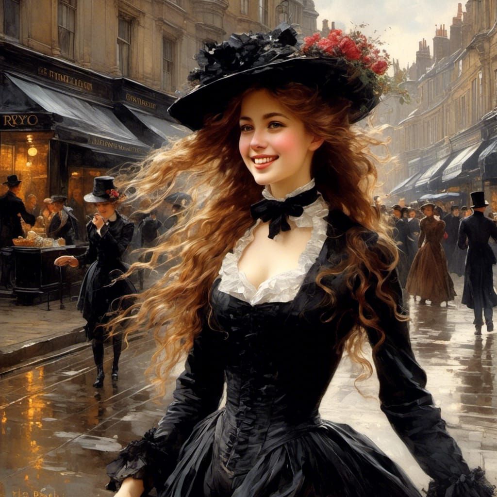 Beautiful Happy Woman in 1880s Style