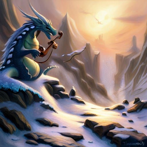 White, winter, dragon plays violin, snow is fouling, ethereal fantasy ethereal fantasy hyperdetailed mist Thomas Kinkade