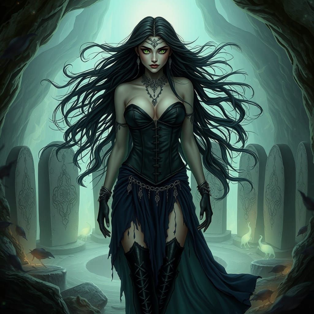 Forest Witch Casting Spell in Bioluminescent Grotto