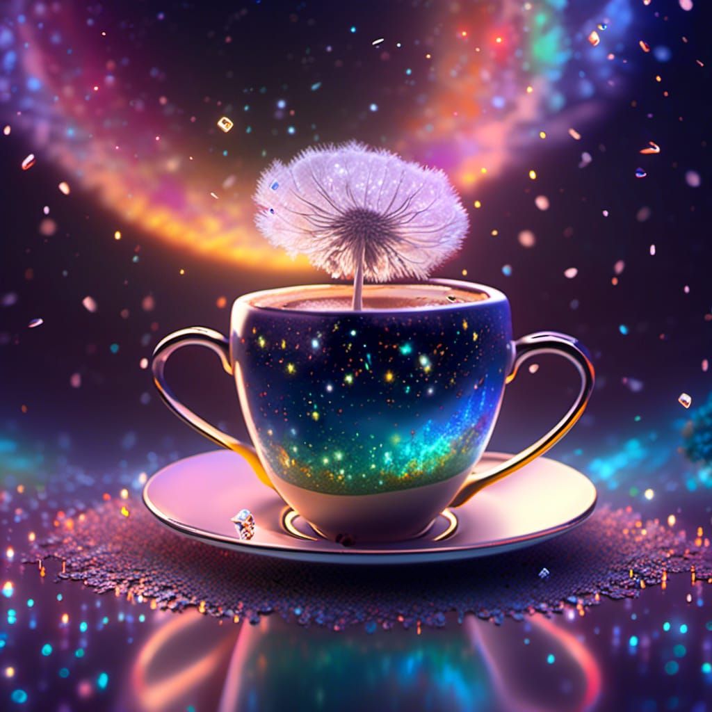 Coffee Cup Floating in Iridescent Galaxy Nebula