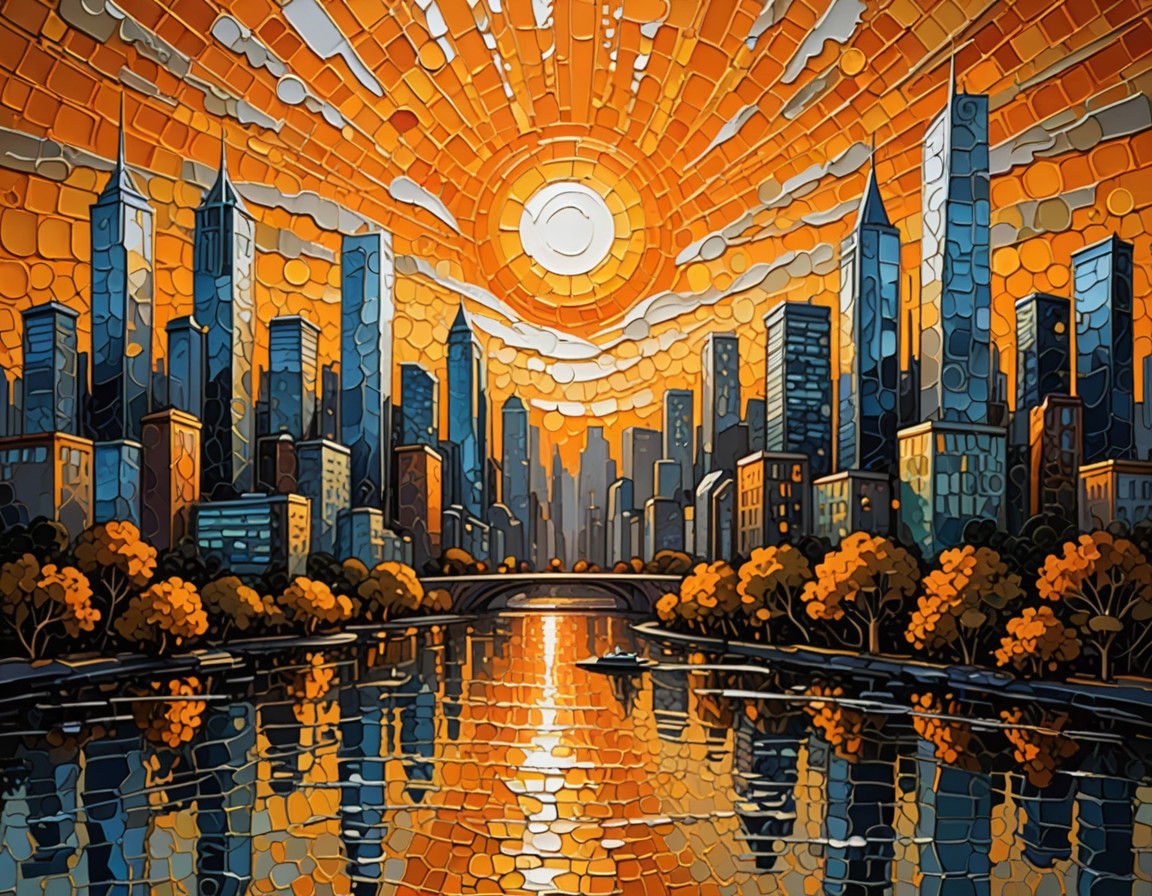 Vibrant Cityscape at Twilight in Palette Knife Style