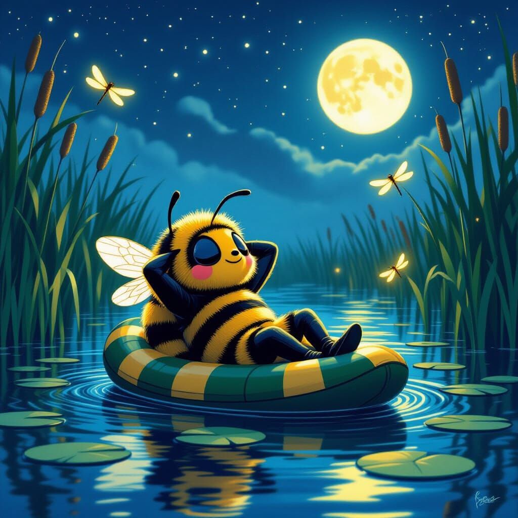 Bumblebee Drifting on Lily Pad Under Moonlight