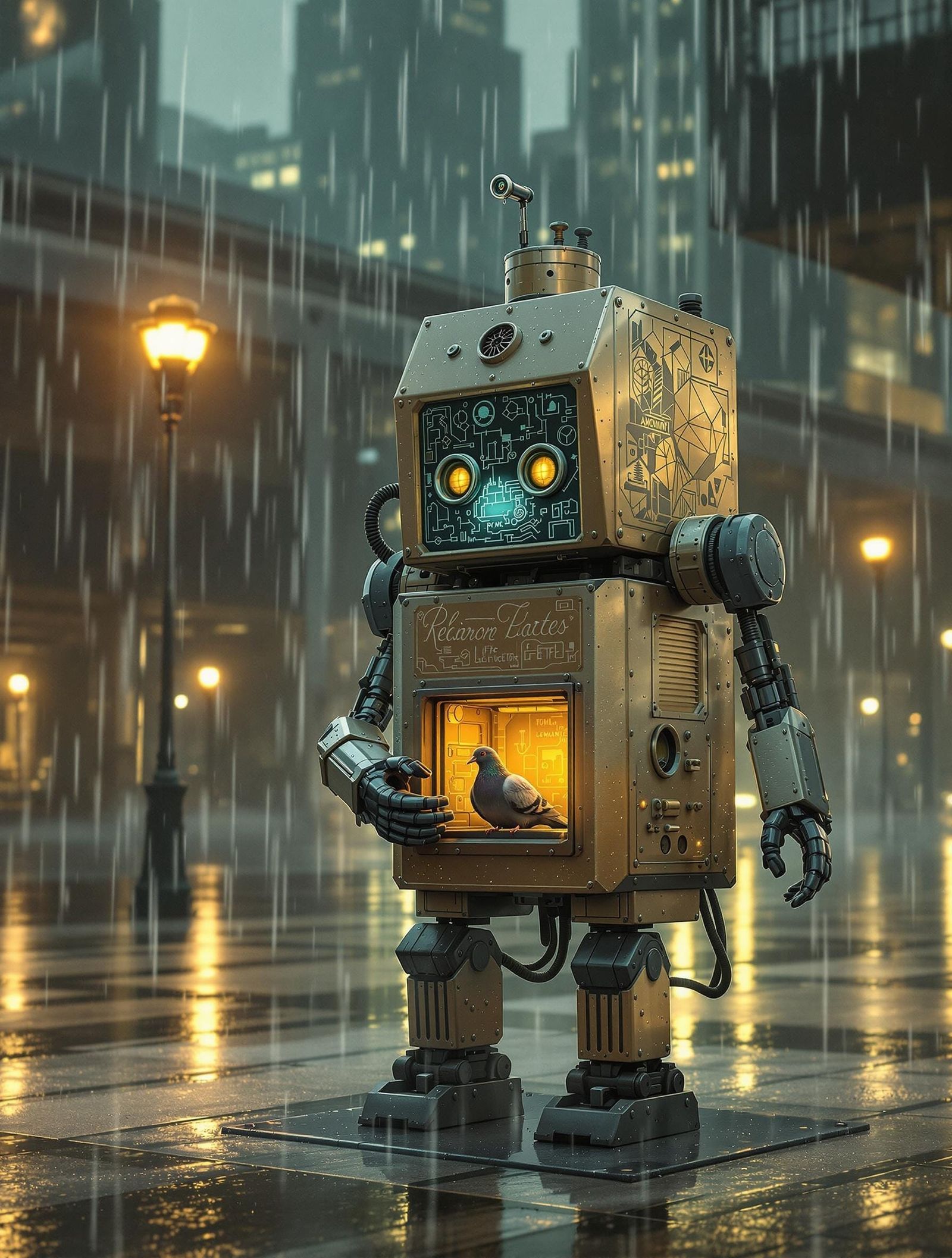 Ghostly Neo-Deco Automaton Cradles Pigeon in Rainy Plaza