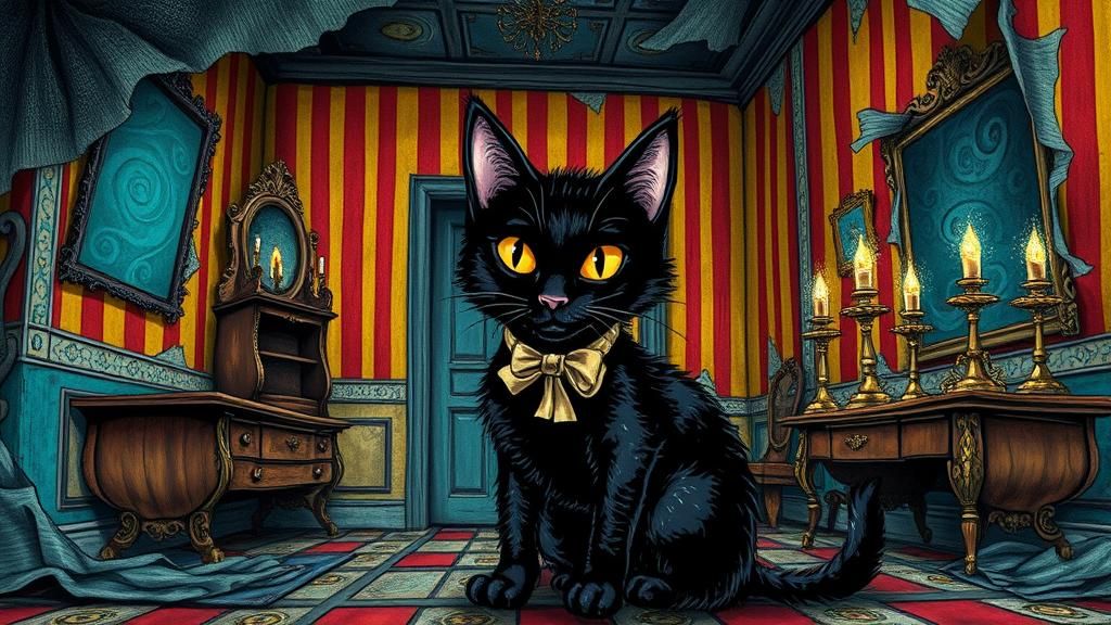 Mystical Black Cat in Haunted House, Dr. Seuss Style