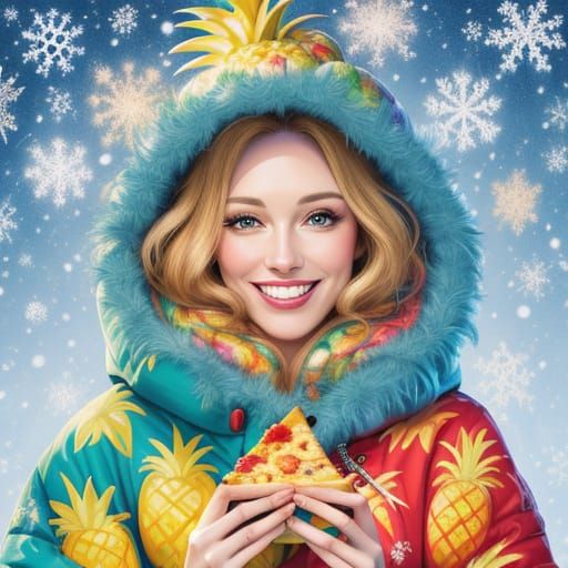 Smiling Canadian with Pineapple Pizza: Whimsical Digital Art