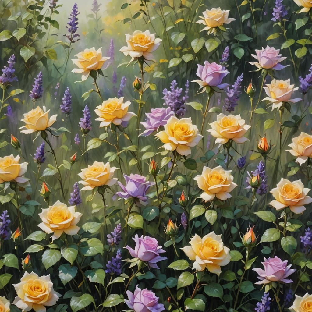 Impressionistic Oil Painting of Roses and Lavender