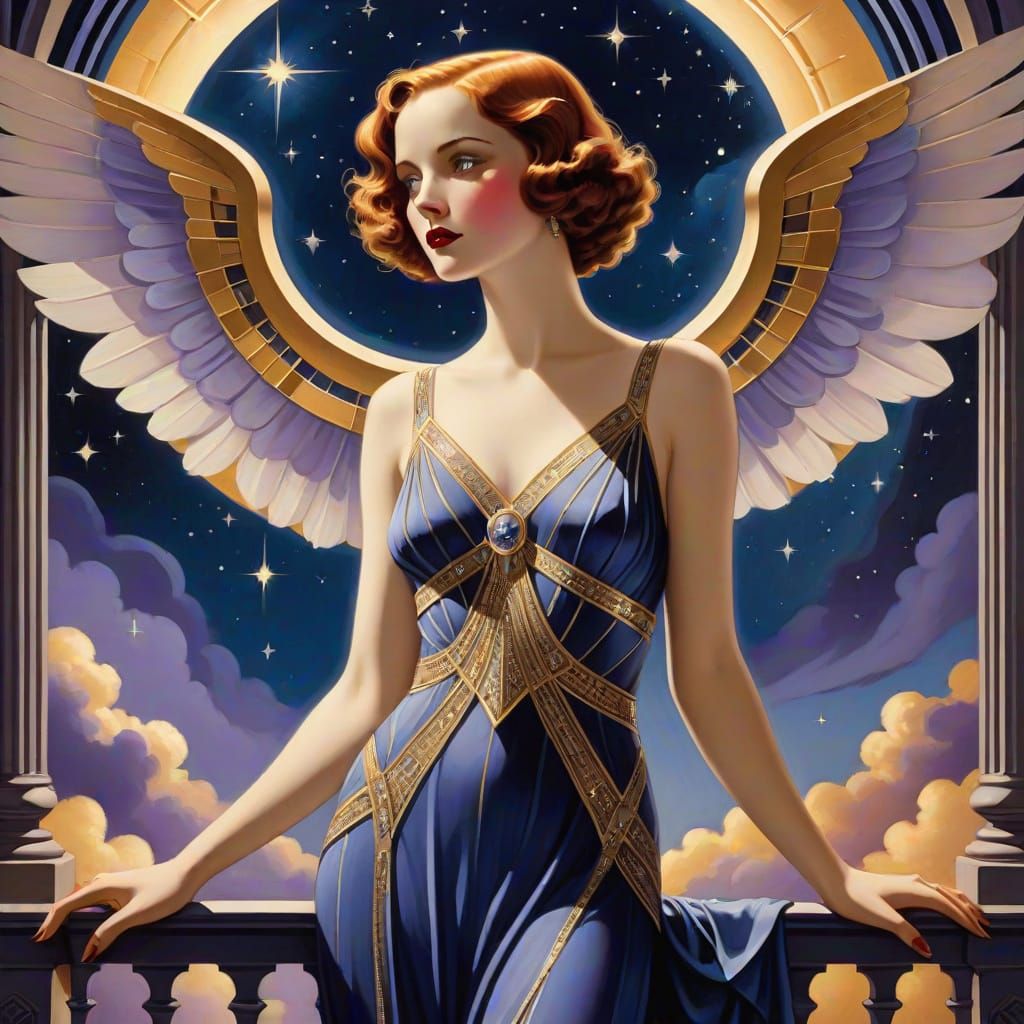 Art Deco Angelic Woman in Cosmic Nebula