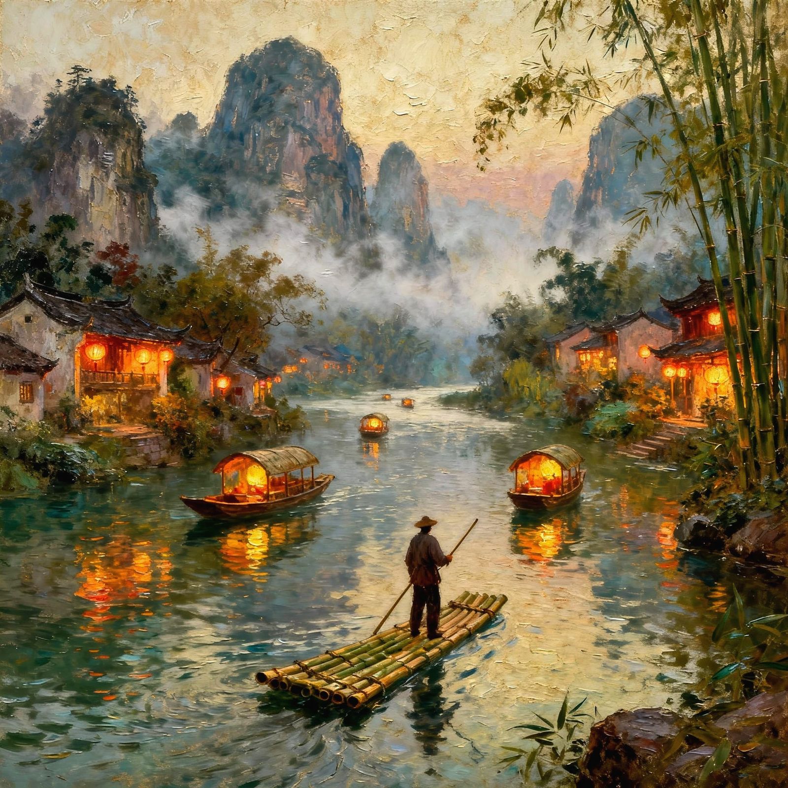 Mystical River Landscape in Vibrant Oil Texture