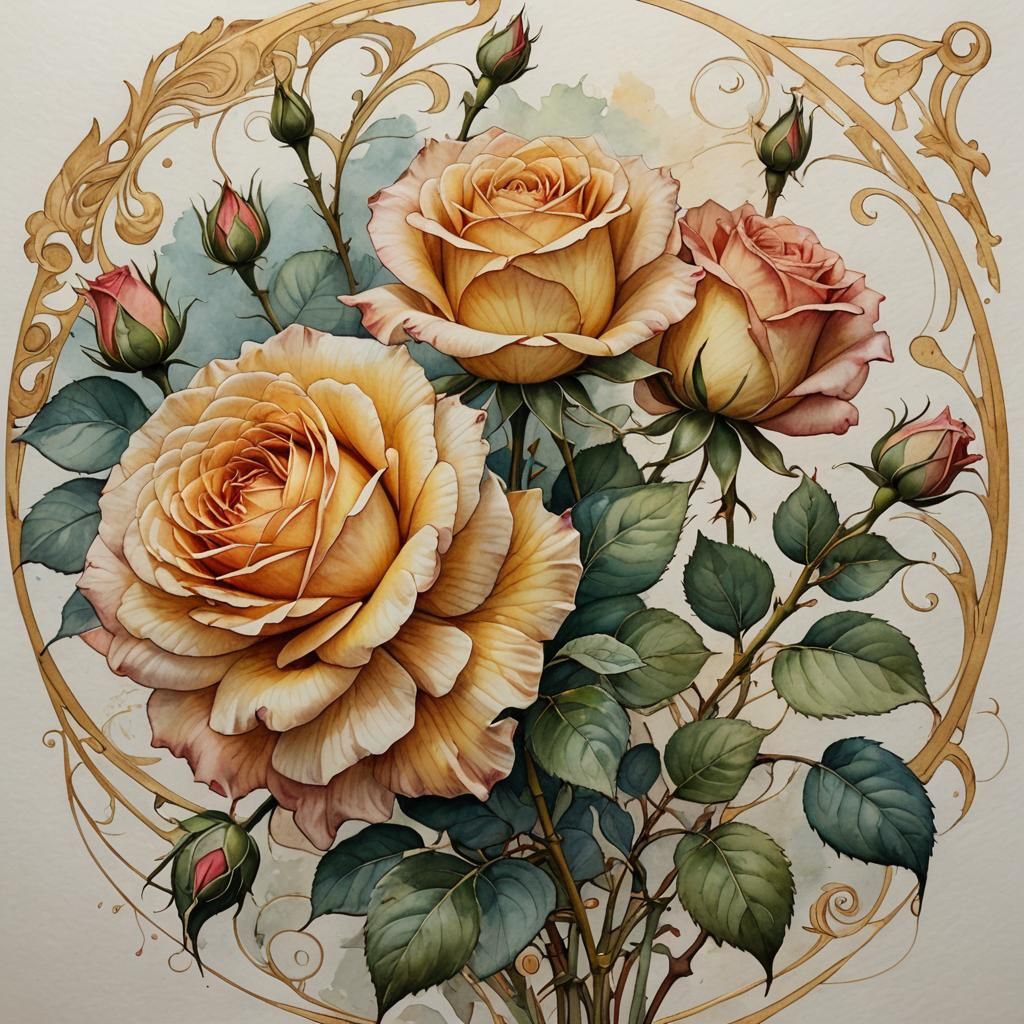 Elegant Art Nouveau Rose Watercolor Sketch