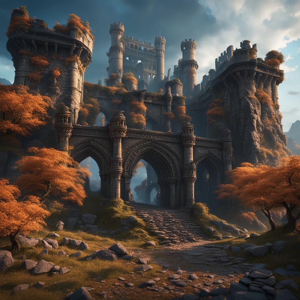 Fantastical Ruined Castle in Detailed Matte Painting Style