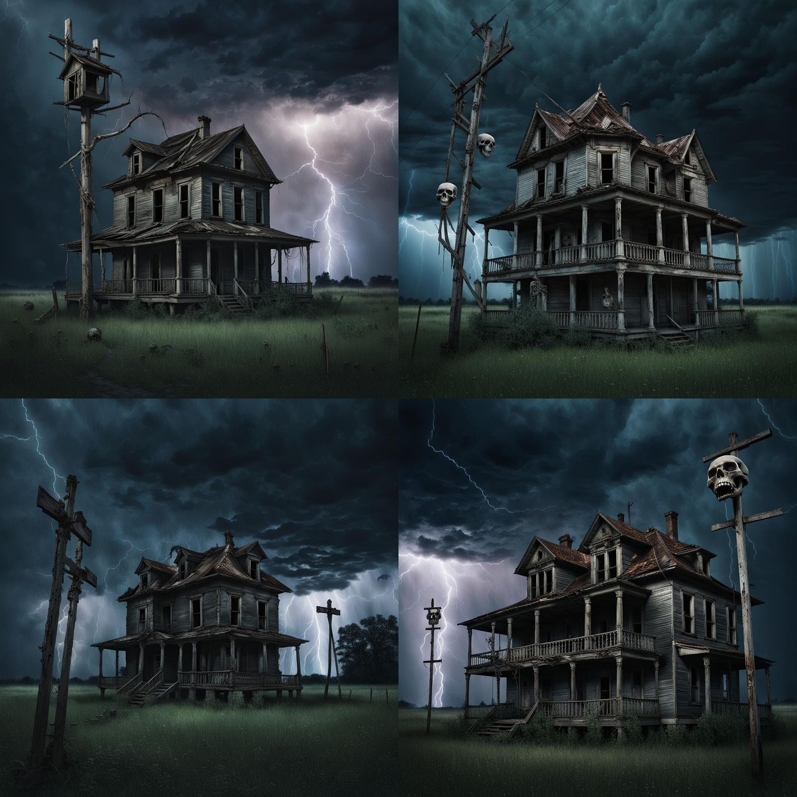 Haunted House with Skulls in a Thunderstorm