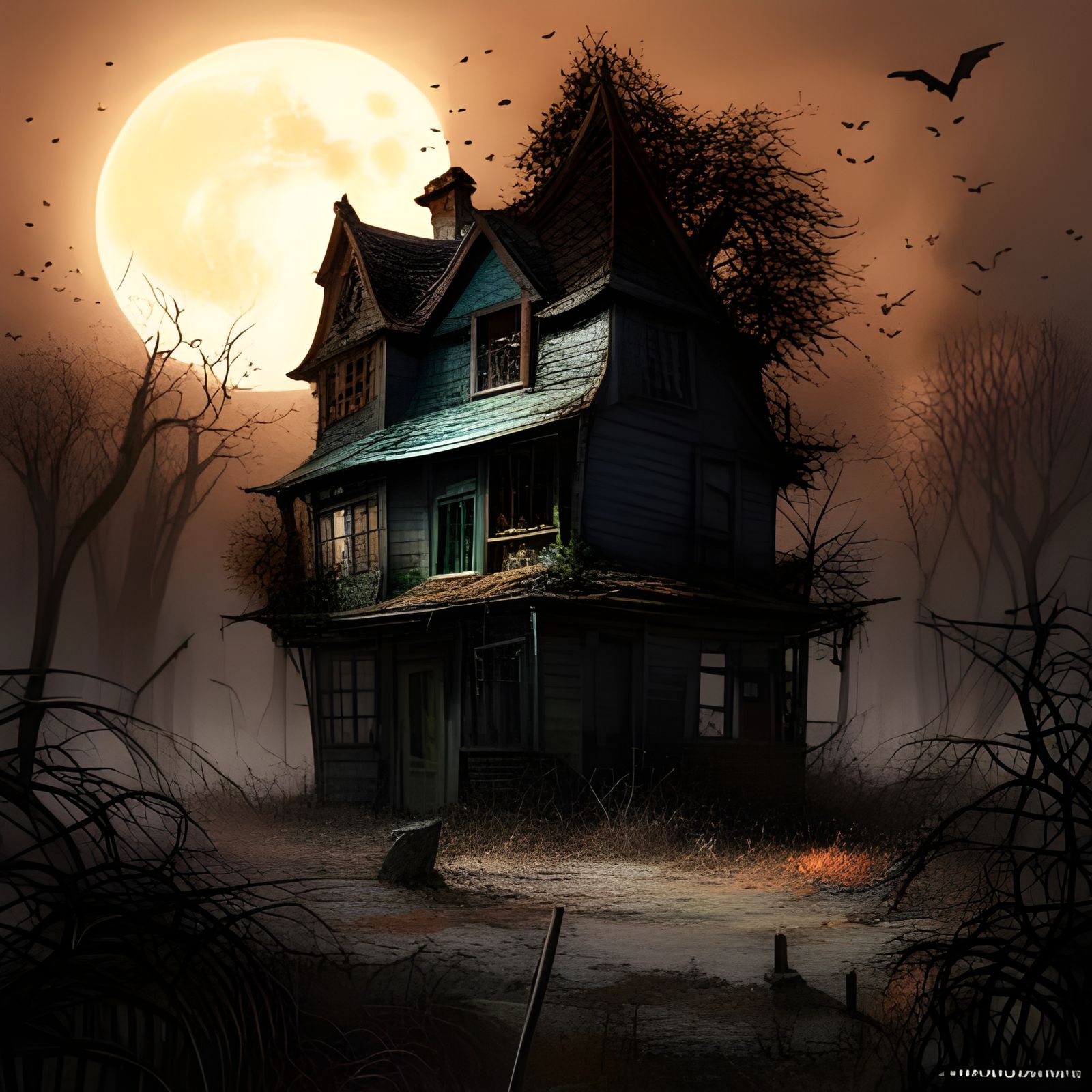 Creepy Witches House with Bats and Full Moon
