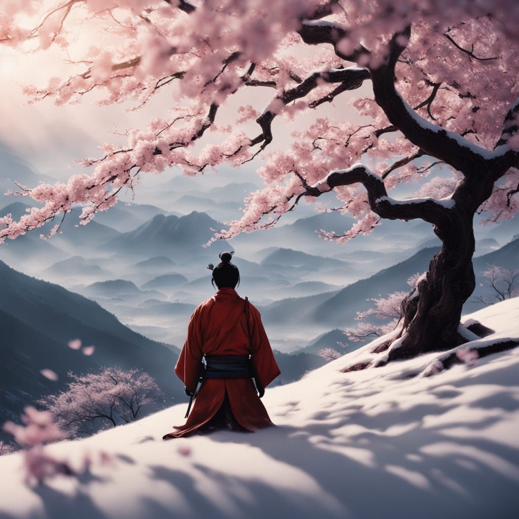 Samurai Meditating on Mountain, in Digital Art Style