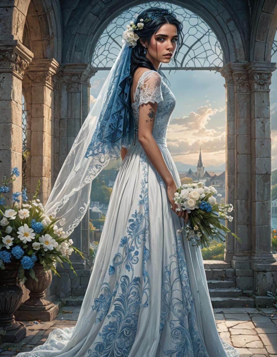 Woman with Black and Blue Hair in Wedding Gown