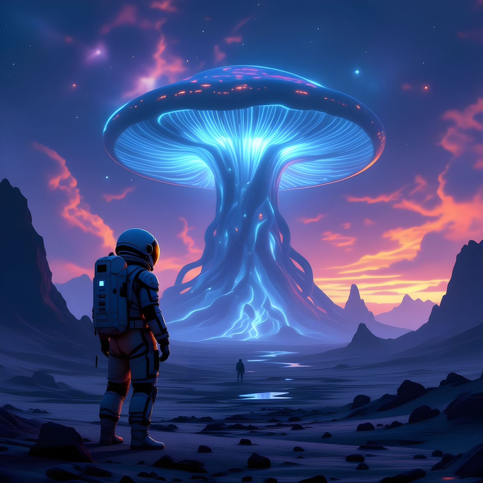 Astronaut on Alien Planet with Bioluminescent Forest