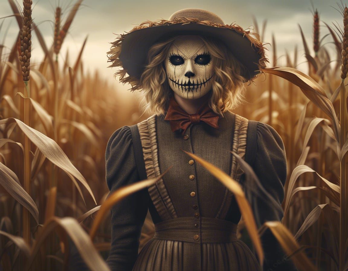 Hyperrealistic Scarecrow Woman in Autumn Cornfield
