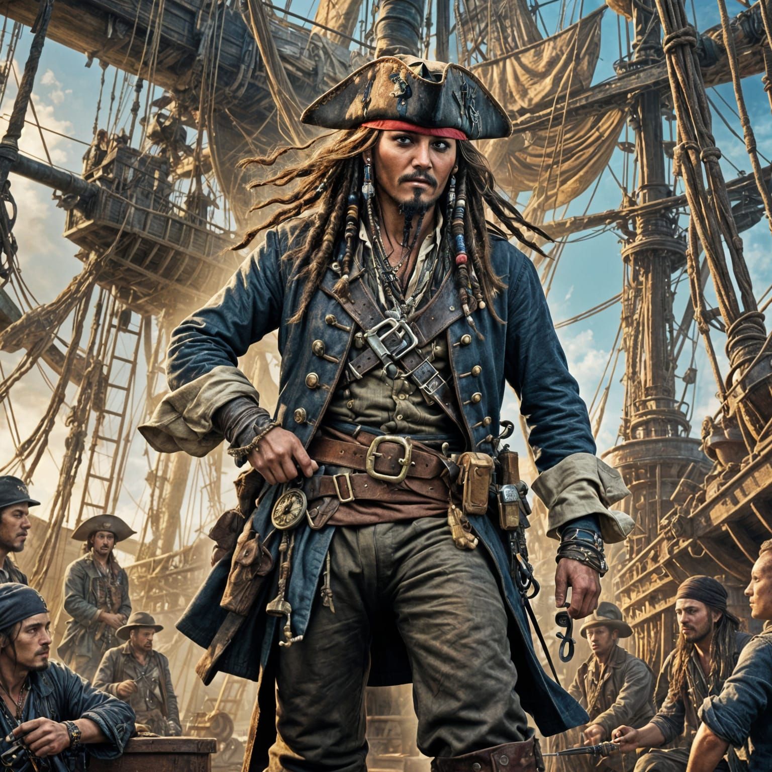 Jack Sparrow Climbs Rigging: Hyperrealistic Steampunk Art