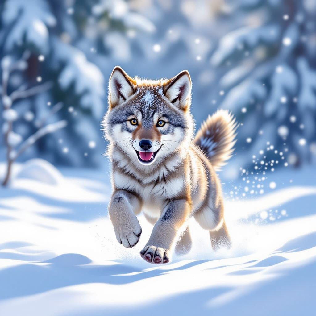 Playful Wolf Cub Leaping in Snowy Forest