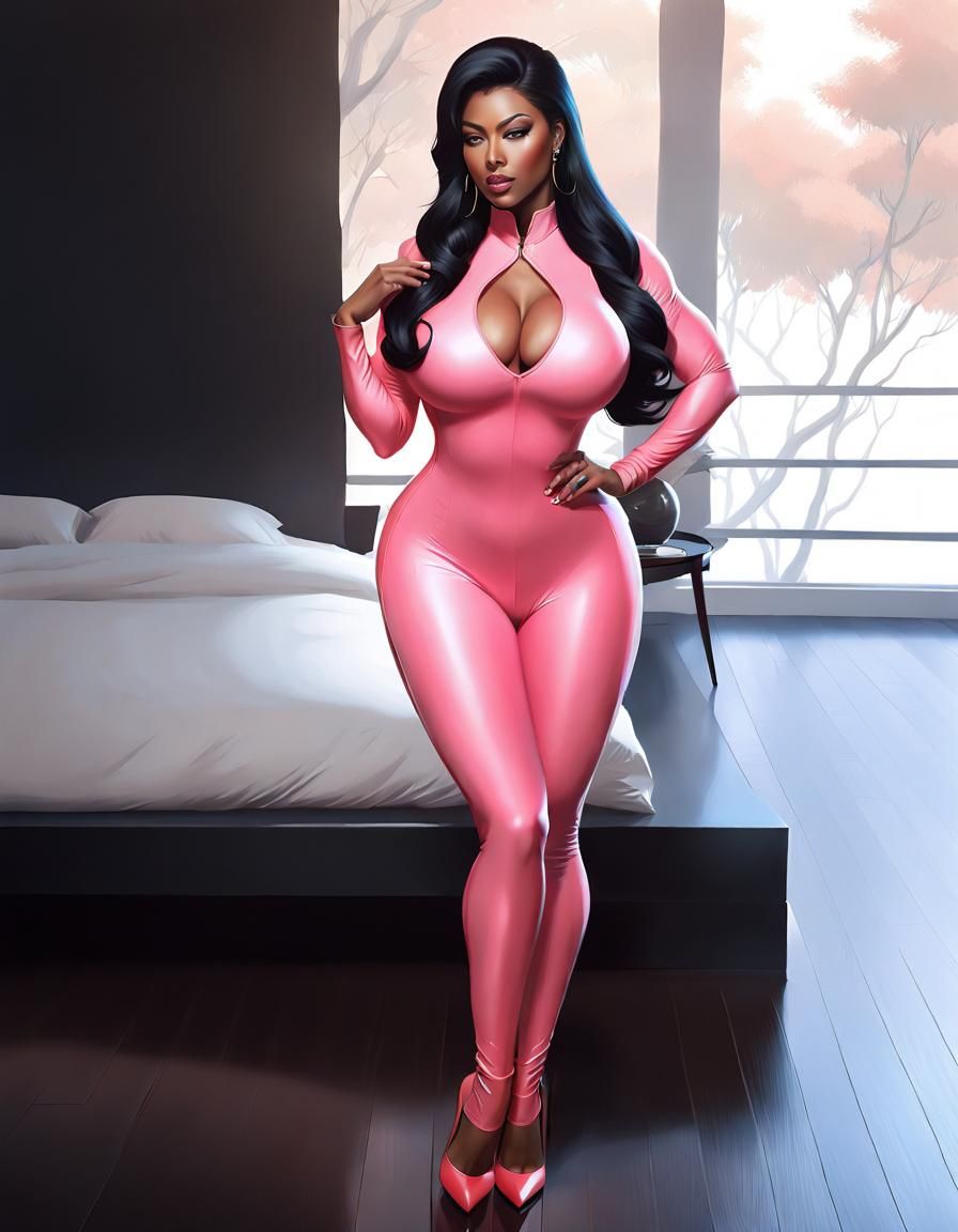 A charming black hair Alura Jenson in tight soft light red bodysuit. Curvy body, big bossom, big thigh. 4K high definiti...