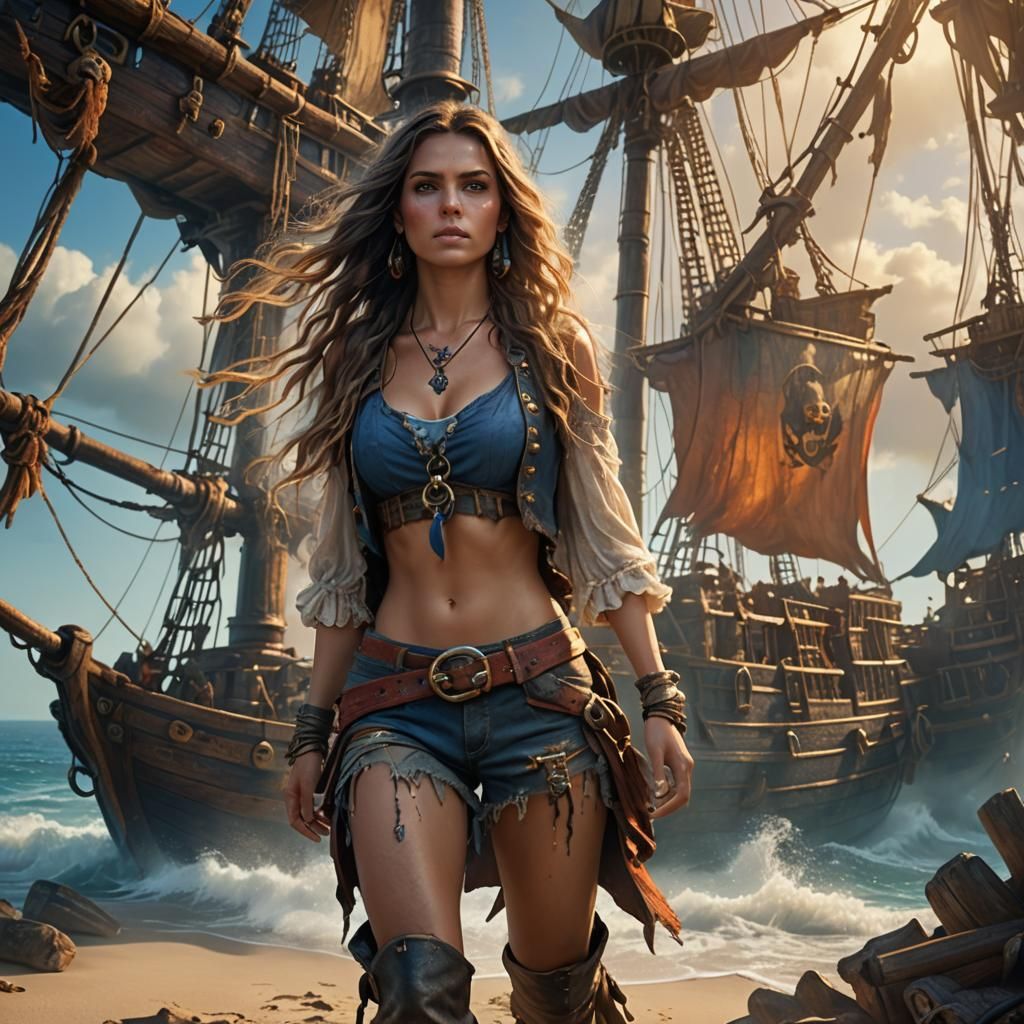 Pirate Ship Fantasy Art: Woman in Ripped Top