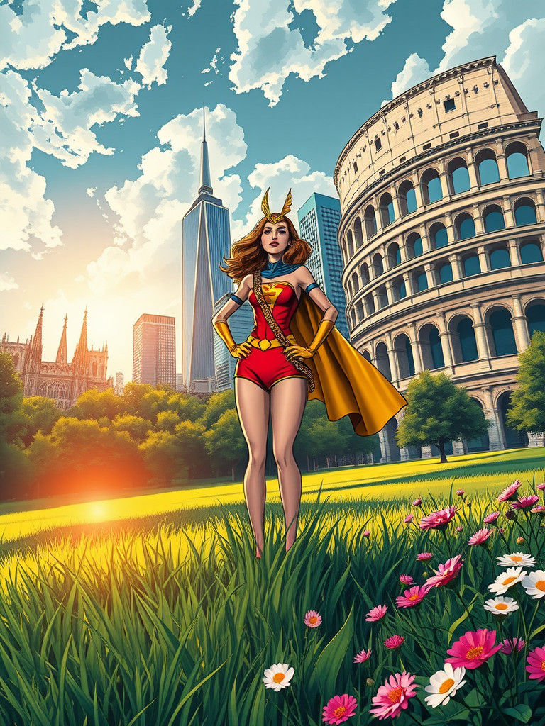 Superheroine Overlooks Converging Iconic Buildings as Comic ...